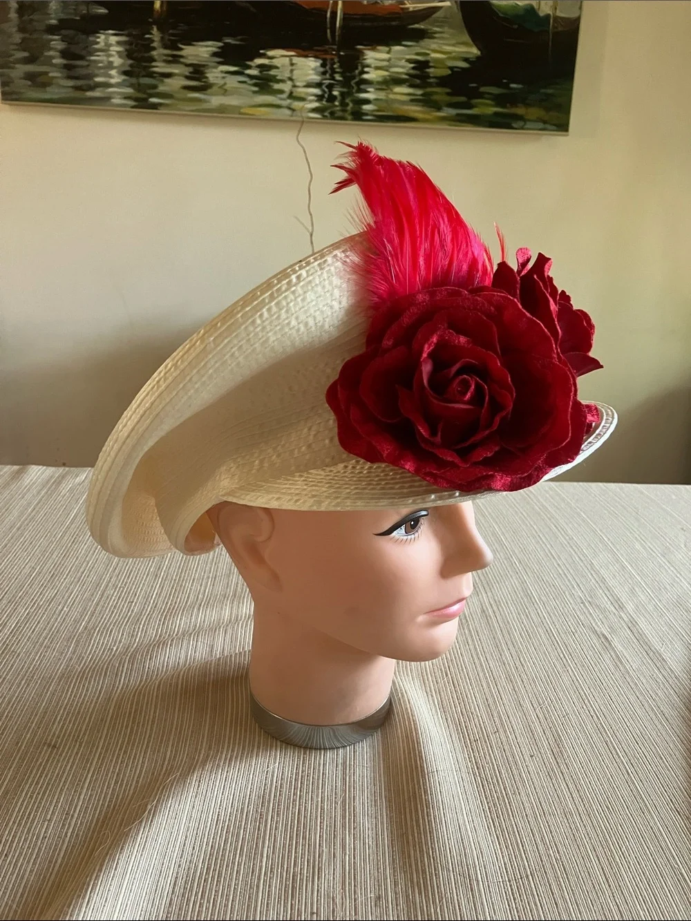 Ivory Satin Ribbon Hat with Red Floral & Feather Accent